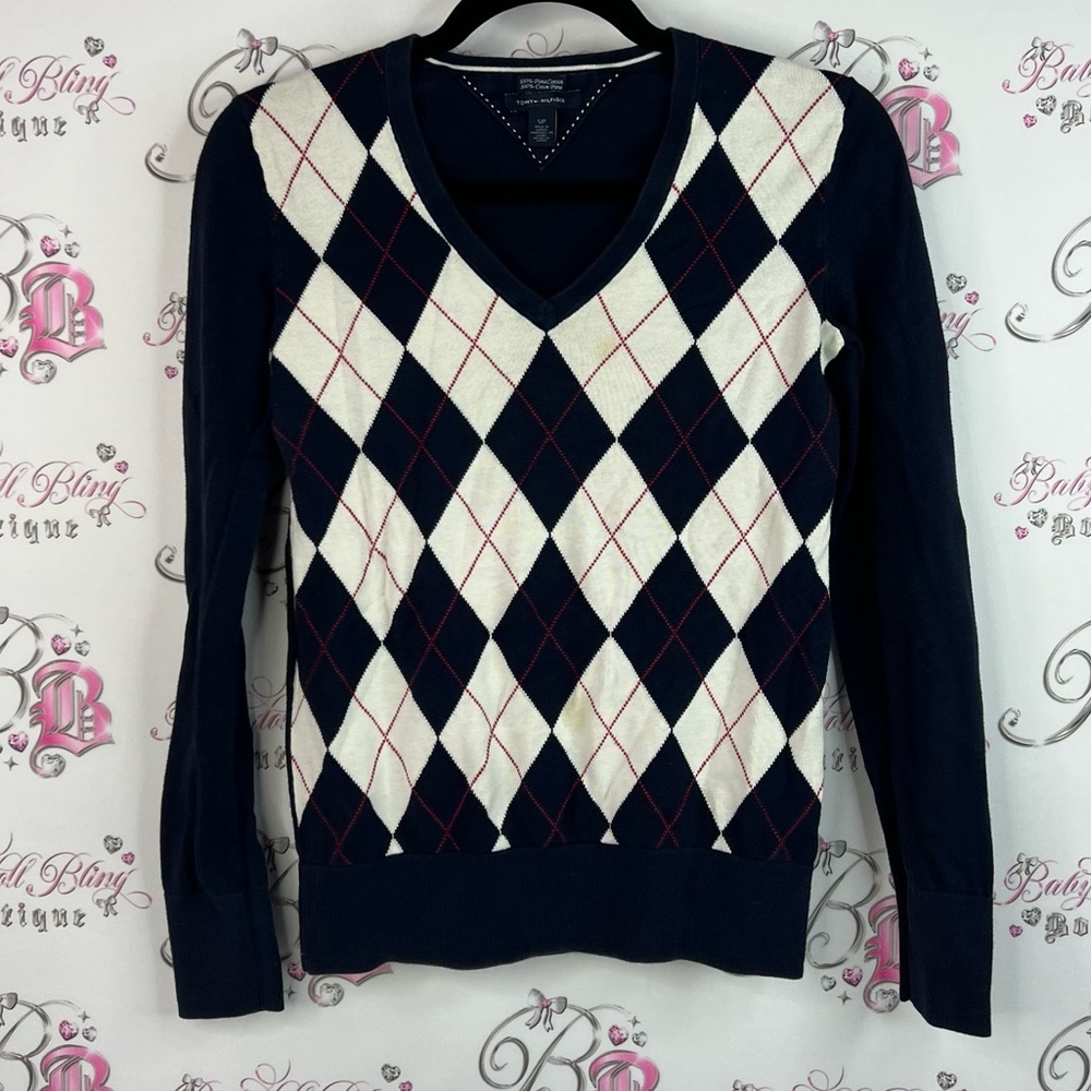 Tommy Hilfiger diamond Navy red Cream Argyle V-Neck Sweater Vneck preppy
